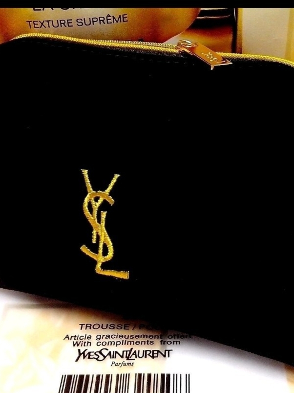 Yves Saint Laurent Gold Logo Beauty Bag & YSL Stud Earrings